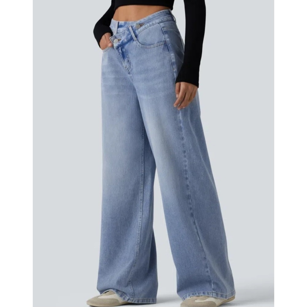 Halara Flex Asymmetric High Waisted Washed Casual Baggy Jeans w/ Pockets Medium